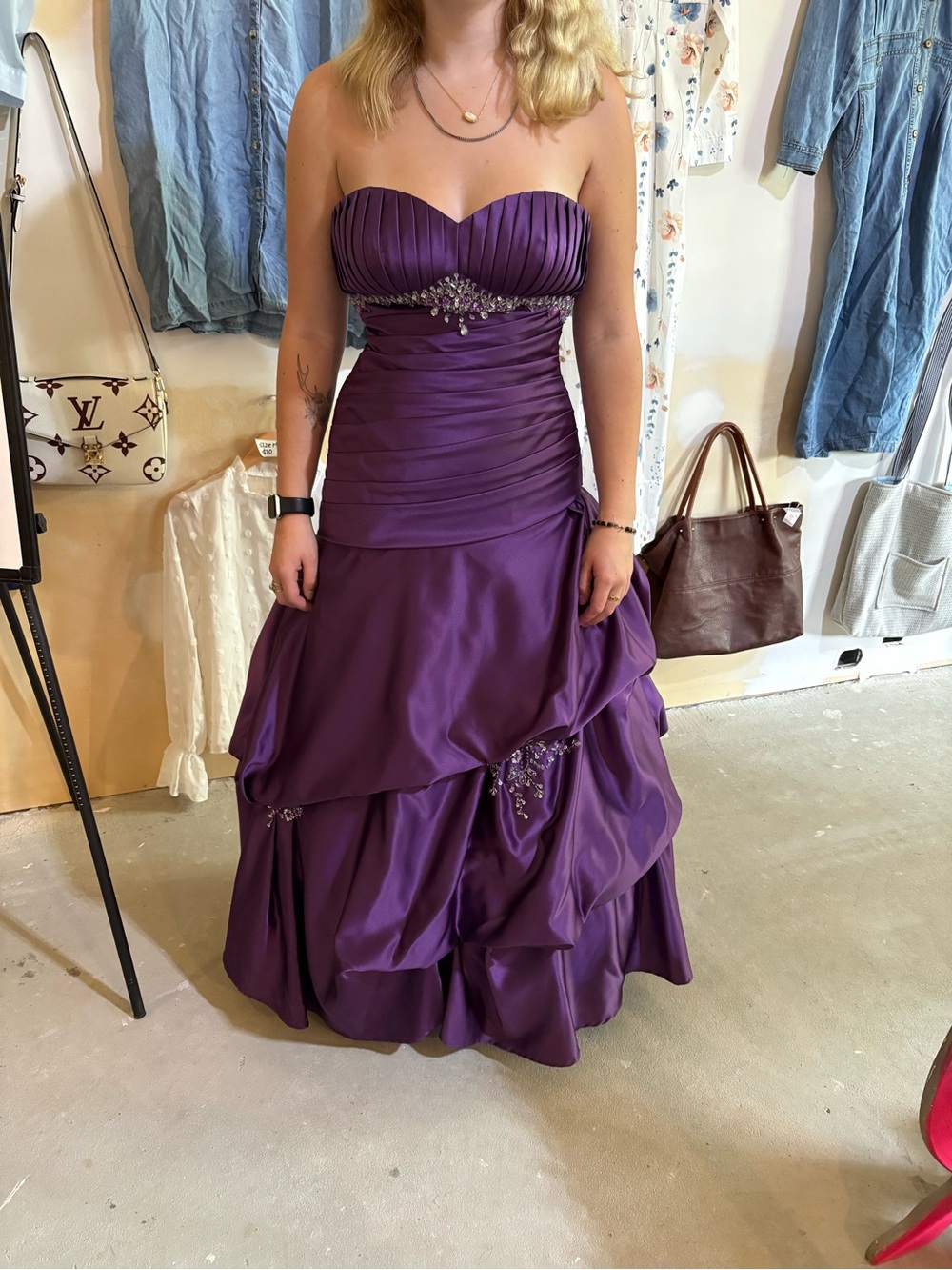 Strapless Pleated Sweetheart Ball Gown Dress in Deep Purple